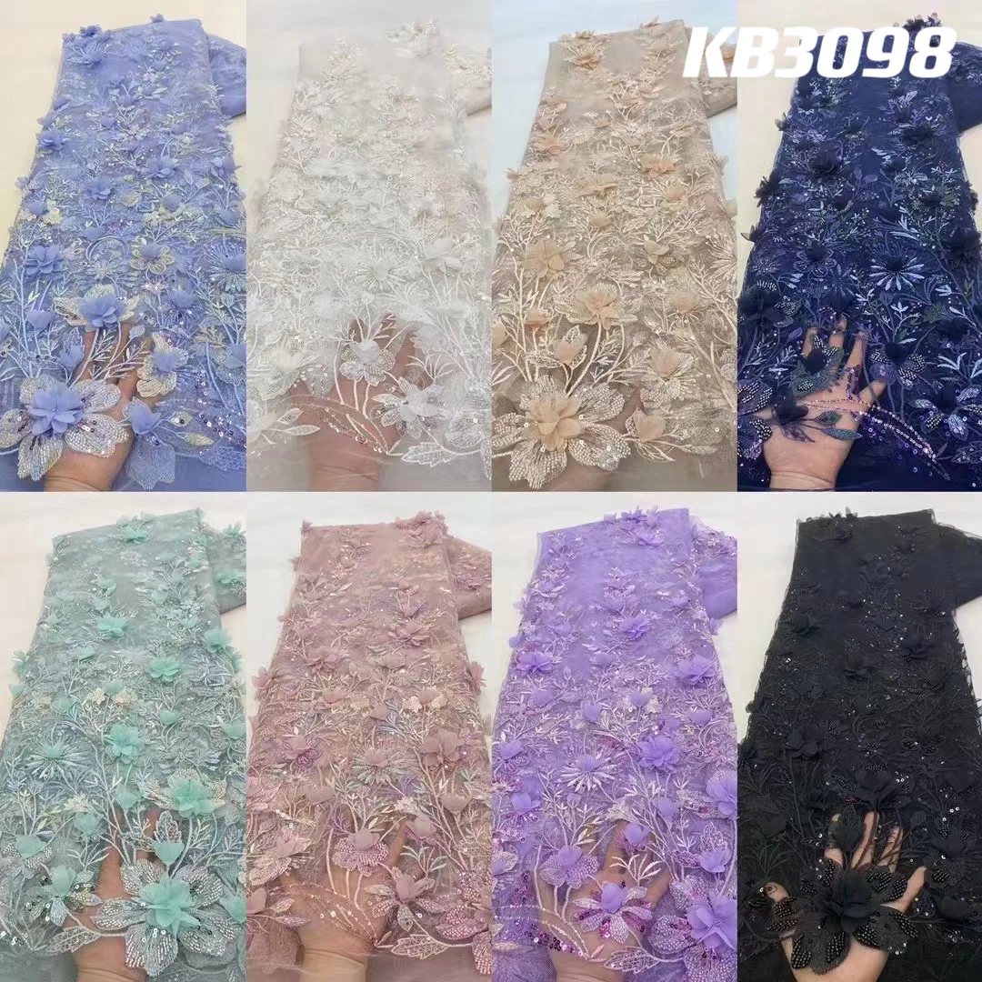 3D Flower Embroidery Lace Purple Flower Beaded Fabric Lace Wedding Dress Gold French Lace Sequin Tulle Lace For Sewing KB2932