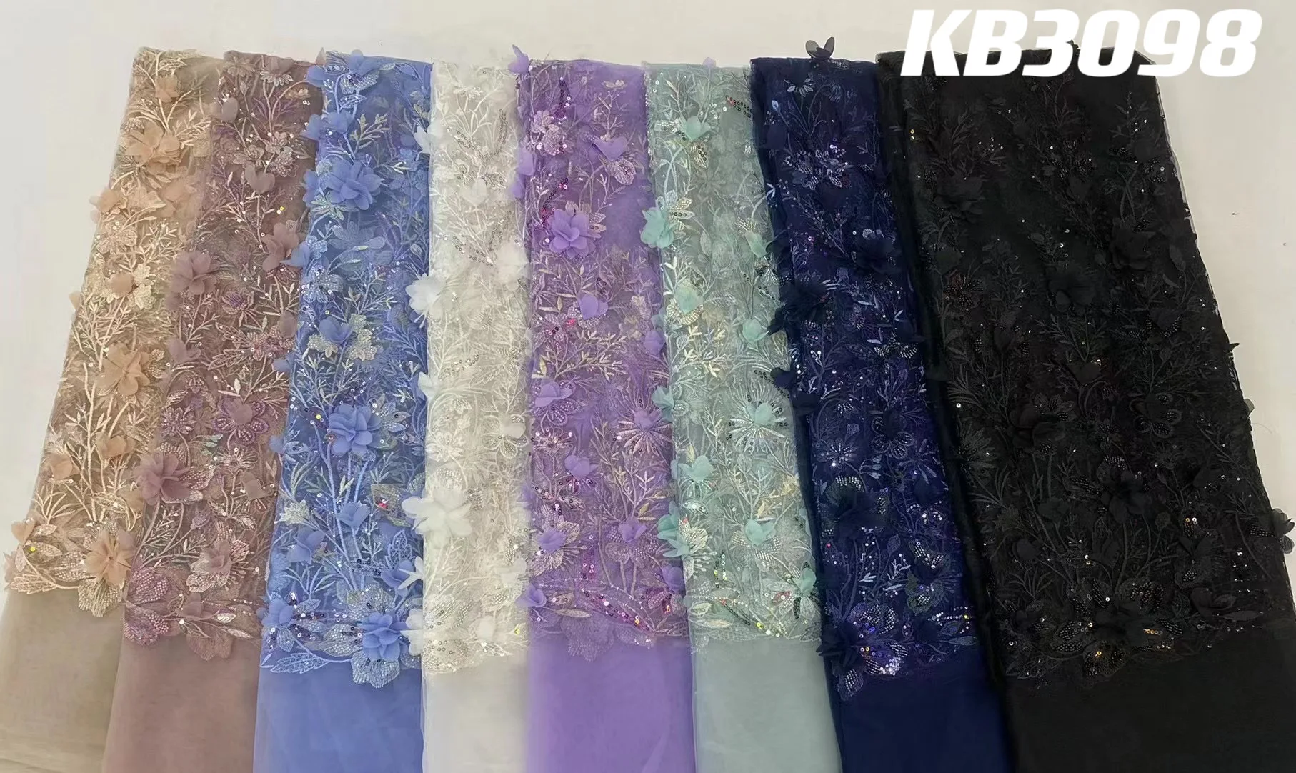 3D Flower Embroidery Lace Purple Flower Beaded Fabric Lace Wedding Dress Gold French Lace Sequin Tulle Lace For Sewing KB2932