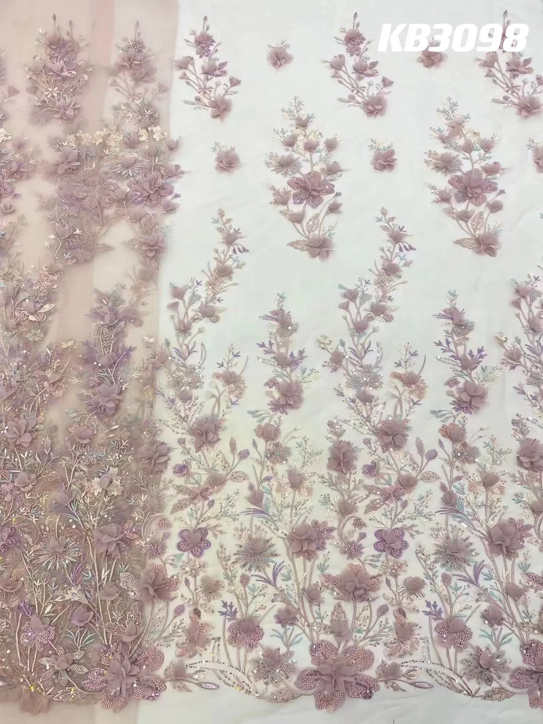 3D Flower Embroidery Lace Purple Flower Beaded Fabric Lace Wedding Dress Gold French Lace Sequin Tulle Lace For Sewing KB2932