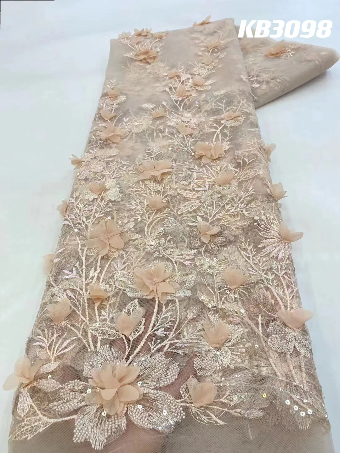 3D Flower Embroidery Lace Purple Flower Beaded Fabric Lace Wedding Dress Gold French Lace Sequin Tulle Lace For Sewing KB2932