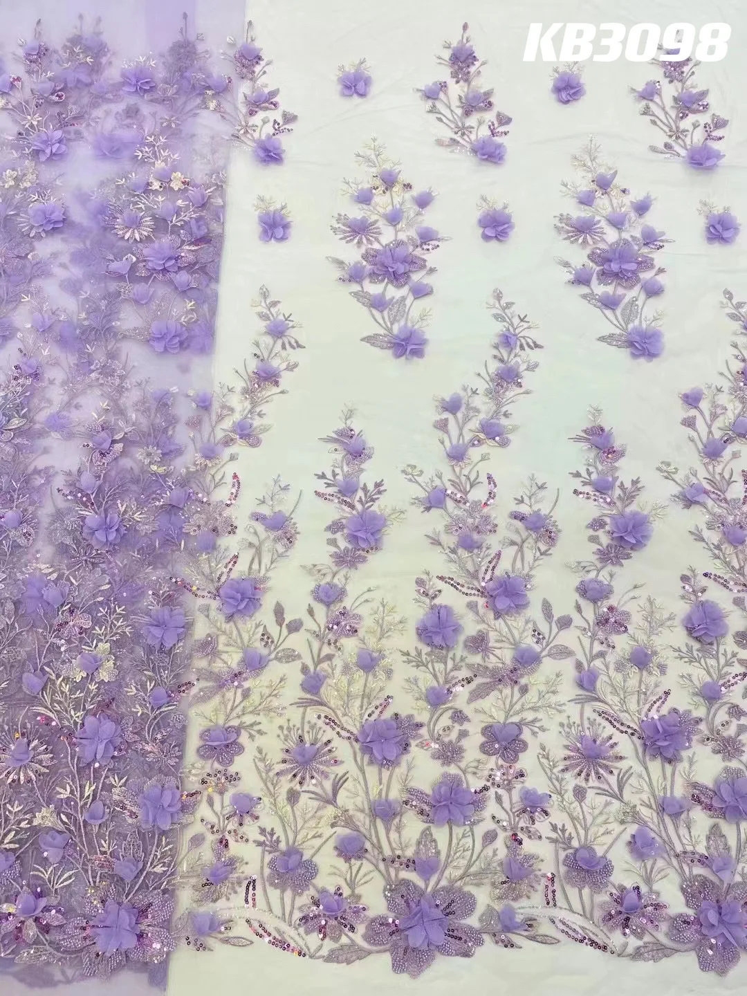 3D Flower Embroidery Lace Purple Flower Beaded Fabric Lace Wedding Dress Gold French Lace Sequin Tulle Lace For Sewing KB2932