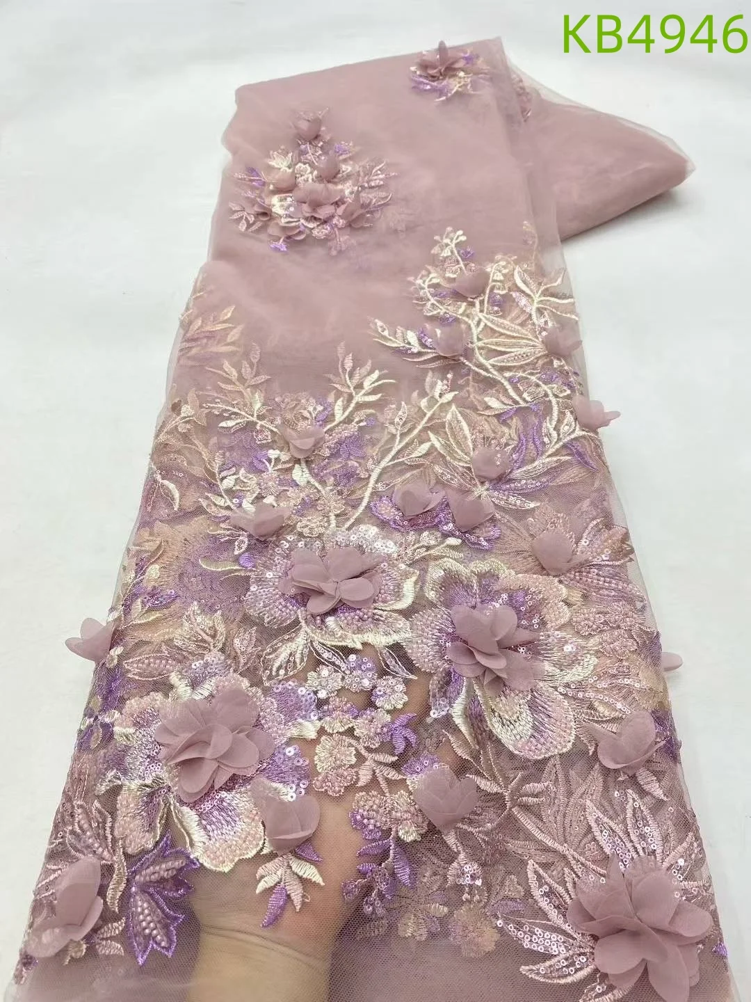 3D Flower Embroidery Lace Purple Flower Beaded Fabric Lace Wedding Dress Gold French Lace Sequin Tulle Lace For Sewing KB2932