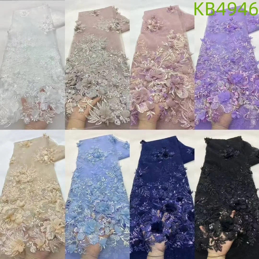 3D Flower Embroidery Lace Purple Flower Beaded Fabric Lace Wedding Dress Gold French Lace Sequin Tulle Lace For Sewing KB2932