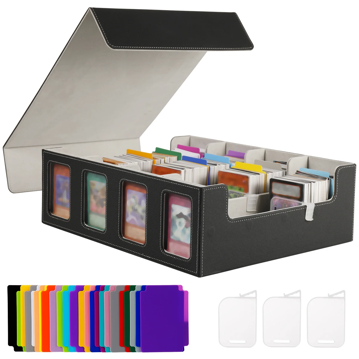 Leather Trading Card Storage Box 4 Rows Magnetic Closure Game Cards Box With Viewing Windows Card and Note Storage Supplies