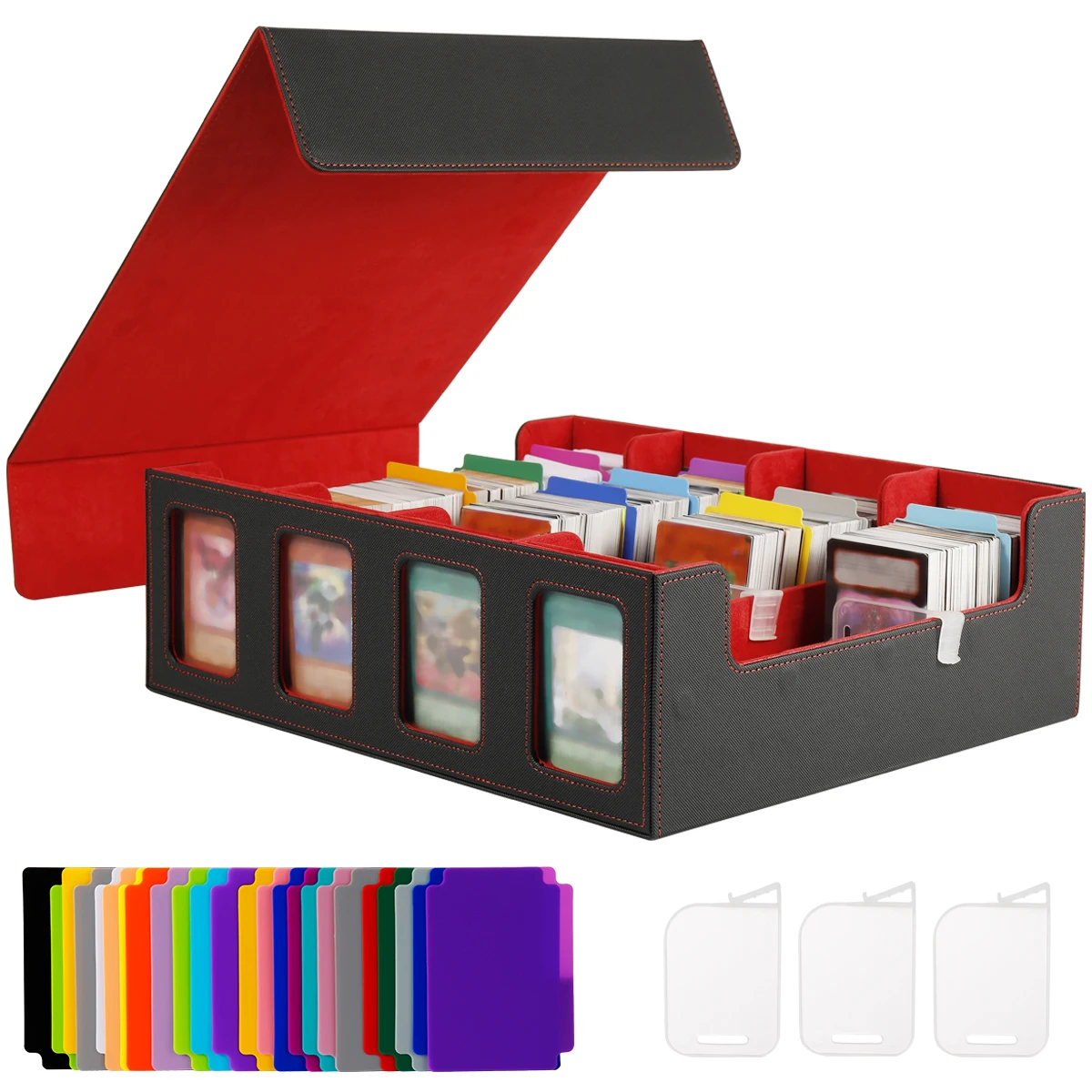 Leather Trading Card Storage Box 4 Rows Magnetic Closure Game Cards Box With Viewing Windows Card and Note Storage Supplies
