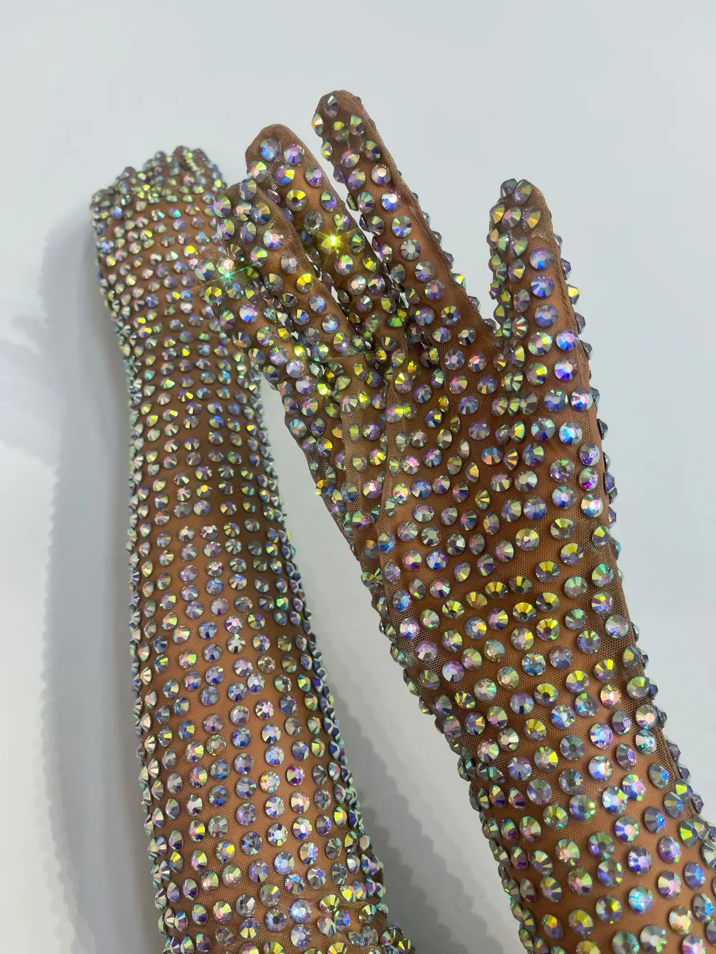 Sexy Dress AB Rhinestone Sheer Mesh Long Gloves Women Full Finger Sparkly Stage Performance Party Outfit Accessory