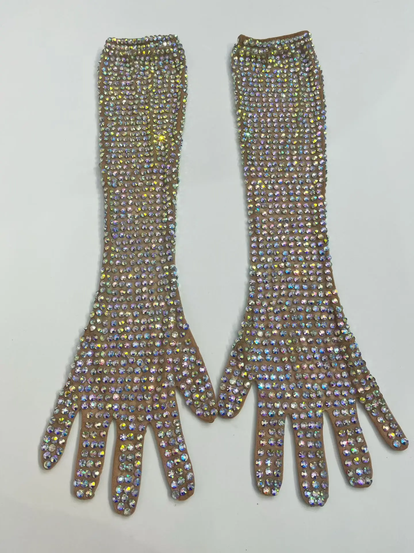 Sexy Dress AB Rhinestone Sheer Mesh Long Gloves Women Full Finger Sparkly Stage Performance Party Outfit Accessory
