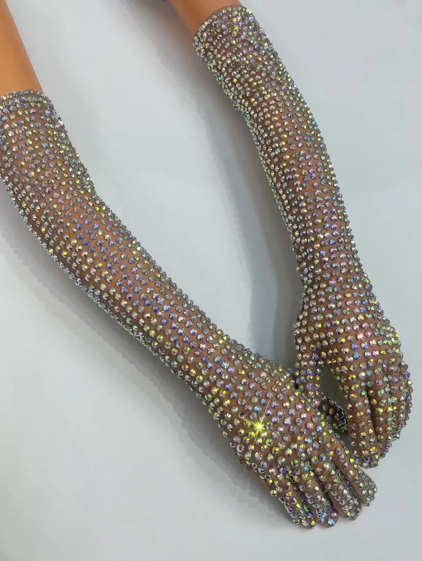 Sexy Dress AB Rhinestone Sheer Mesh Long Gloves Women Full Finger Sparkly Stage Performance Party Outfit Accessory