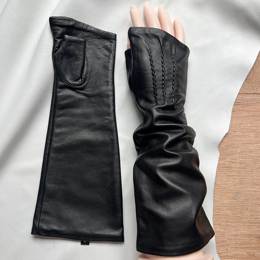 Men's Fingerless Gloves Women's Half-fingerless Gloves Black Sheepskin 29cm Length Leather Gloves Windproof Driving Gloves Black