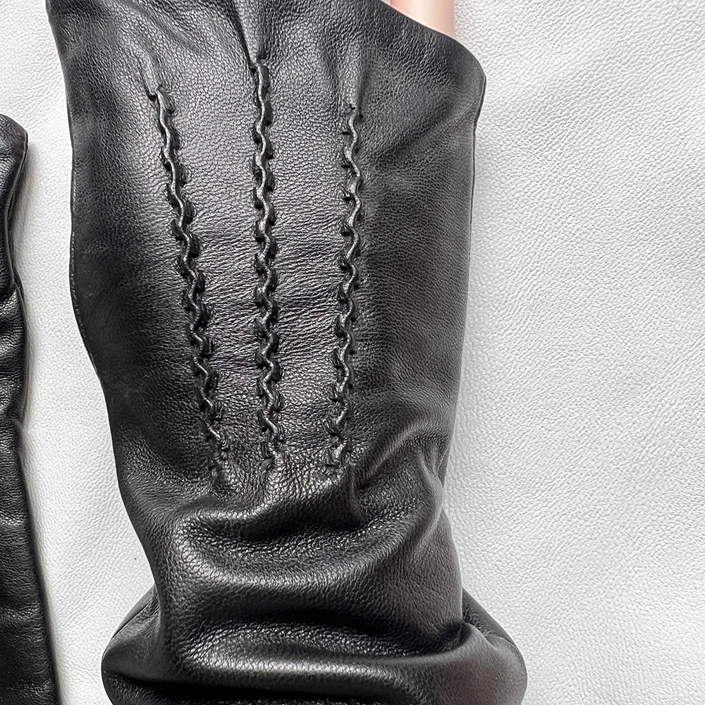Men's Fingerless Gloves Women's Half-fingerless Gloves Black Sheepskin 29cm Length Leather Gloves Windproof Driving Gloves Black