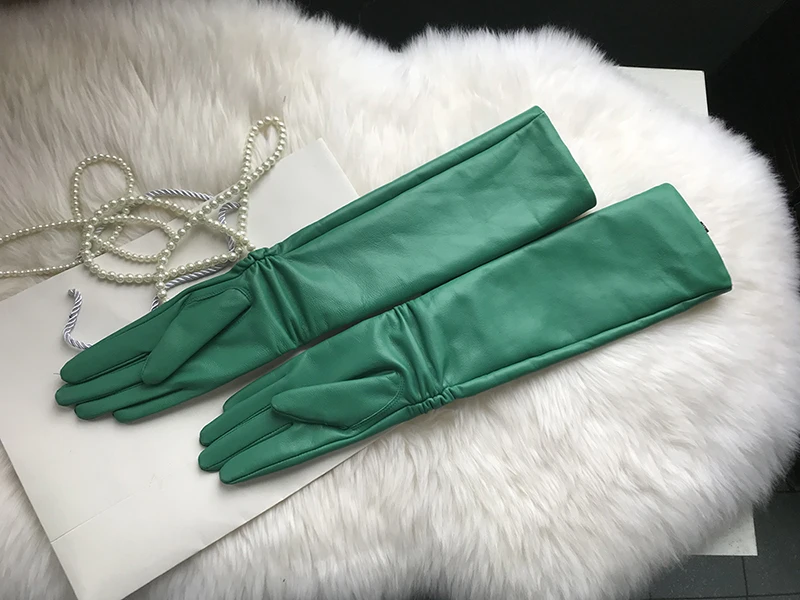 Female Long Genuine Leather Gloves,100% Sheepskin Women's Long Gloves,Green Winter Long Real Leather Gloves Cold protection
