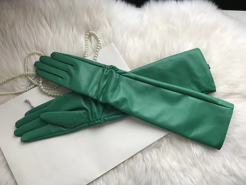 Female Long Genuine Leather Gloves,100% Sheepskin Women's Long Gloves,Green Winter Long Real Leather Gloves Cold protection