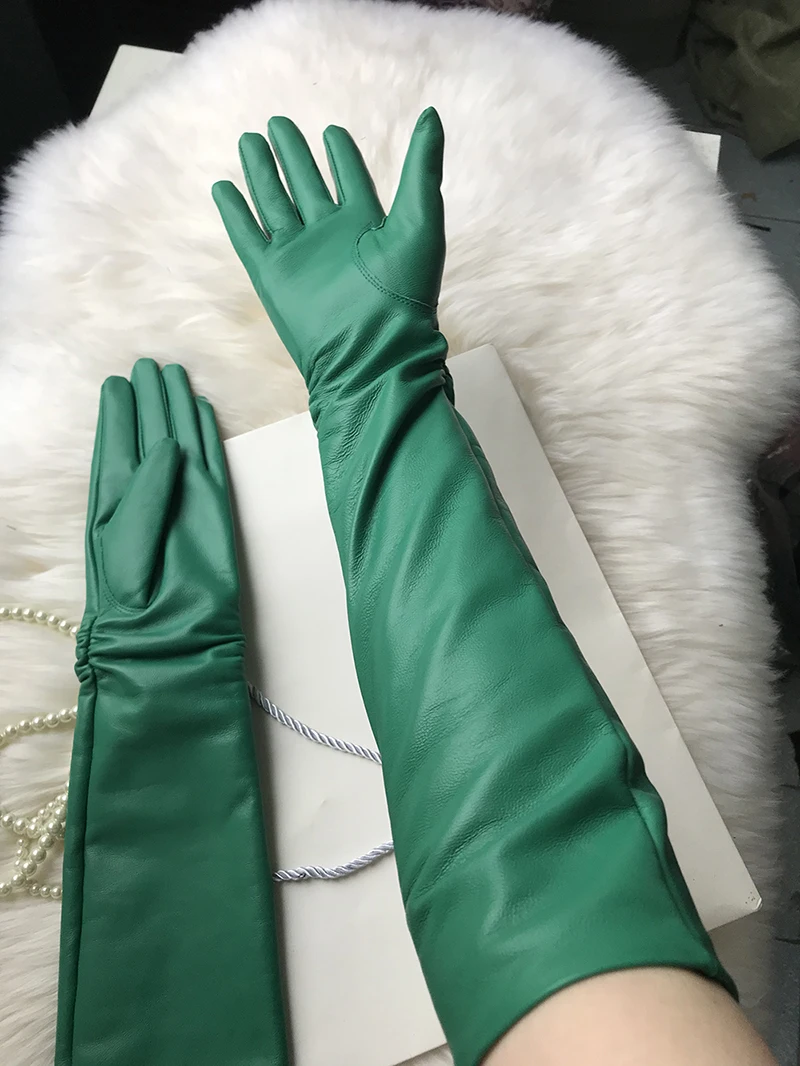 Female Long Genuine Leather Gloves,100% Sheepskin Women's Long Gloves,Green Winter Long Real Leather Gloves Cold protection
