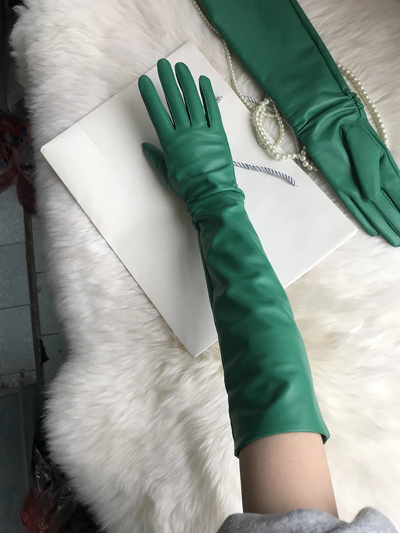 Female Long Genuine Leather Gloves,100% Sheepskin Women's Long Gloves,Green Winter Long Real Leather Gloves Cold protection