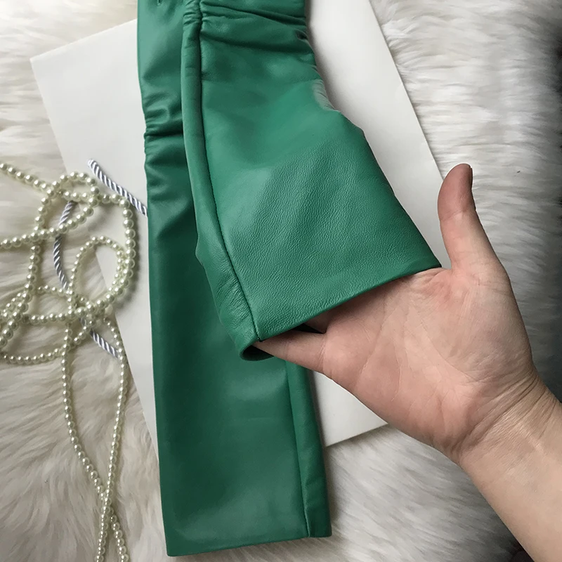 Female Long Genuine Leather Gloves,100% Sheepskin Women's Long Gloves,Green Winter Long Real Leather Gloves Cold protection