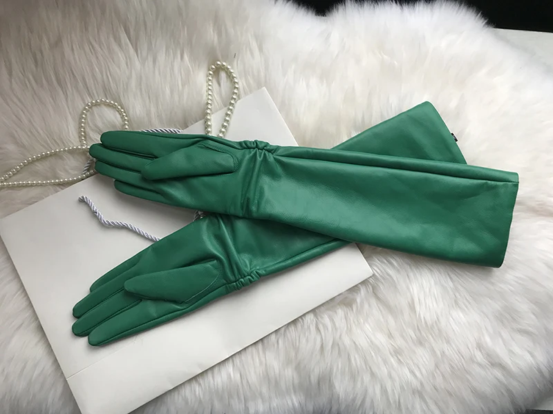 Female Long Genuine Leather Gloves,100% Sheepskin Women's Long Gloves,Green Winter Long Real Leather Gloves Cold protection