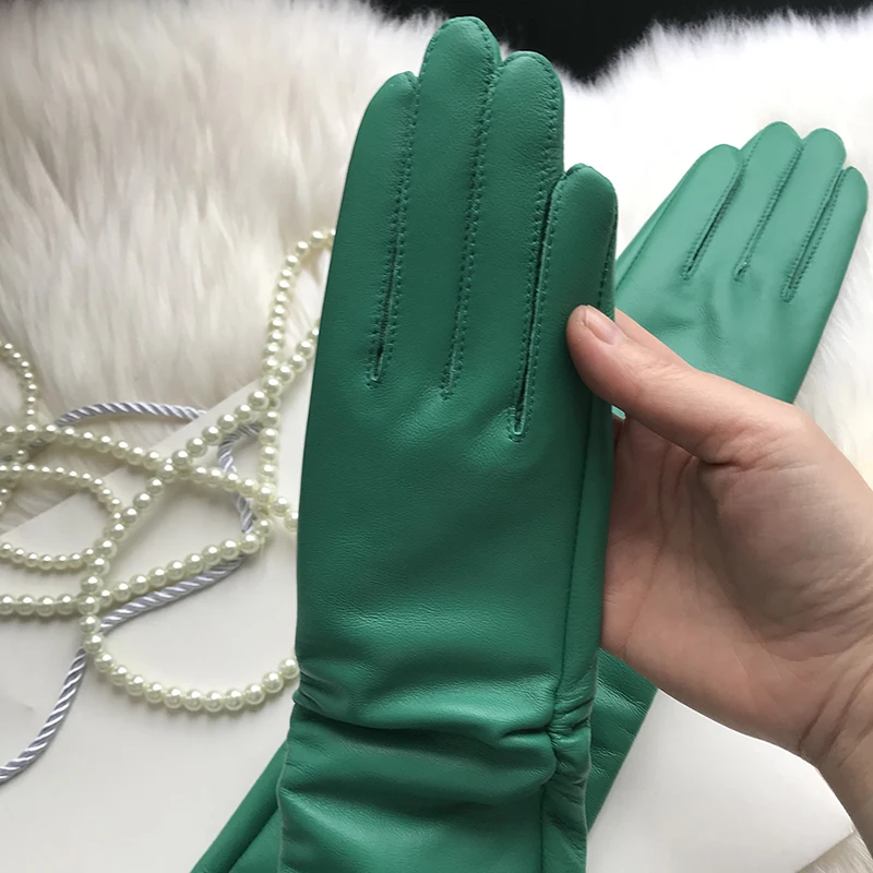 Female Long Genuine Leather Gloves,100% Sheepskin Women's Long Gloves,Green Winter Long Real Leather Gloves Cold protection