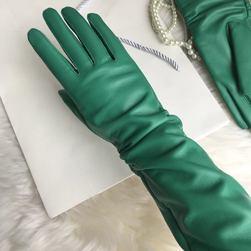 Female Long Genuine Leather Gloves,100% Sheepskin Women's Long Gloves,Green Winter Long Real Leather Gloves Cold protection