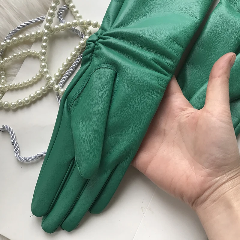 Female Long Genuine Leather Gloves,100% Sheepskin Women's Long Gloves,Green Winter Long Real Leather Gloves Cold protection
