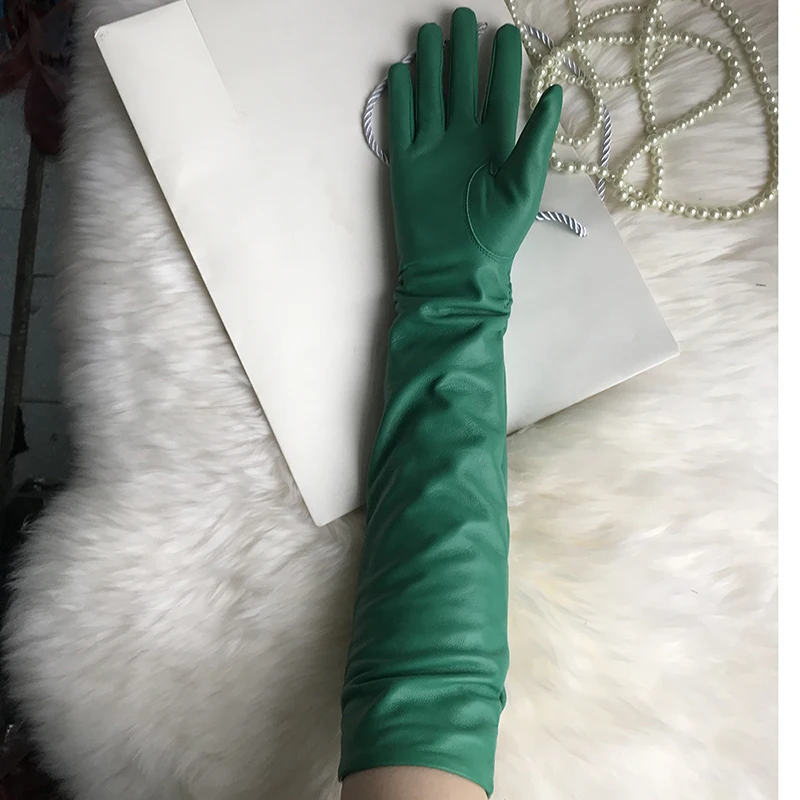Female Long Genuine Leather Gloves,100% Sheepskin Women's Long Gloves,Green Winter Long Real Leather Gloves Cold protection