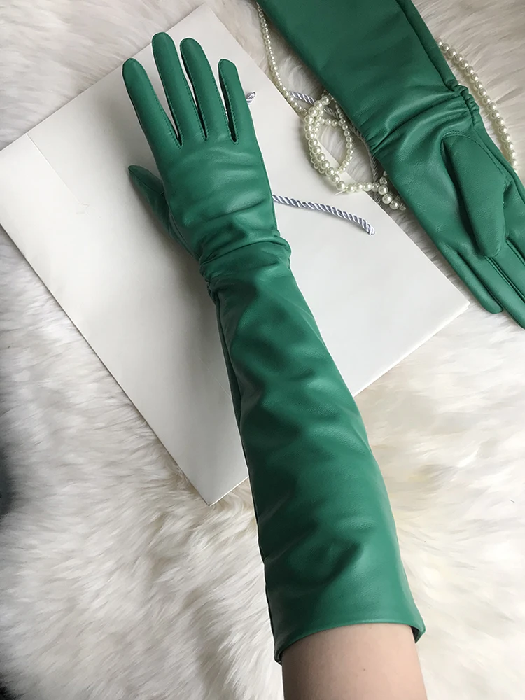 Female Long Genuine Leather Gloves,100% Sheepskin Women's Long Gloves,Green Winter Long Real Leather Gloves Cold protection