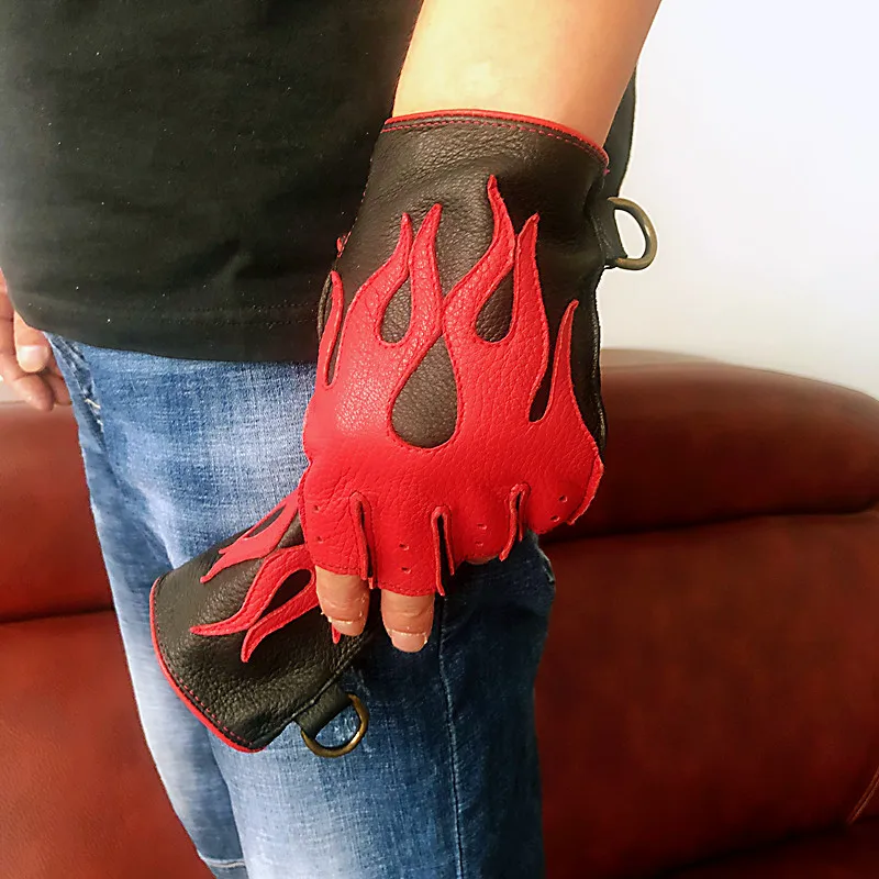 Men's Deerskin Gloves 2026 Spring NEW Locomotive Cycling Retro Thin Mittens Male Half Finger Color Blocking Flame Leather Luvas