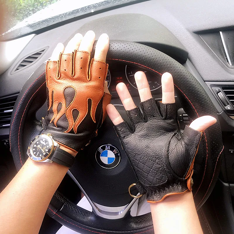 Men's Deerskin Gloves 2026 Spring NEW Locomotive Cycling Retro Thin Mittens Male Half Finger Color Blocking Flame Leather Luvas