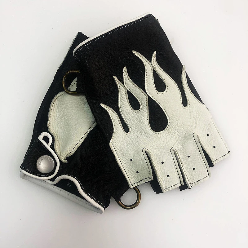 Men's Deerskin Gloves 2026 Spring NEW Locomotive Cycling Retro Thin Mittens Male Half Finger Color Blocking Flame Leather Luvas