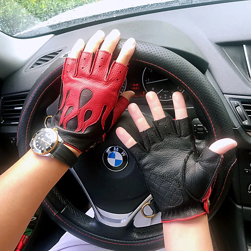 Men's Deerskin Gloves 2026 Spring NEW Locomotive Cycling Retro Thin Mittens Male Half Finger Color Blocking Flame Leather Luvas