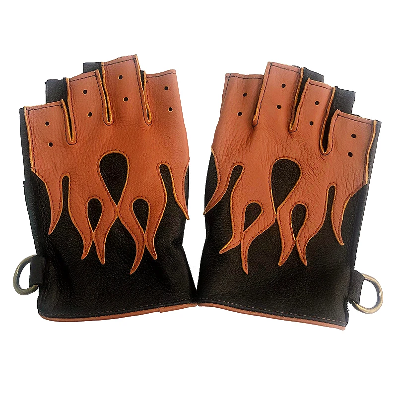 Men's Deerskin Gloves 2026 Spring NEW Locomotive Cycling Retro Thin Mittens Male Half Finger Color Blocking Flame Leather Luvas