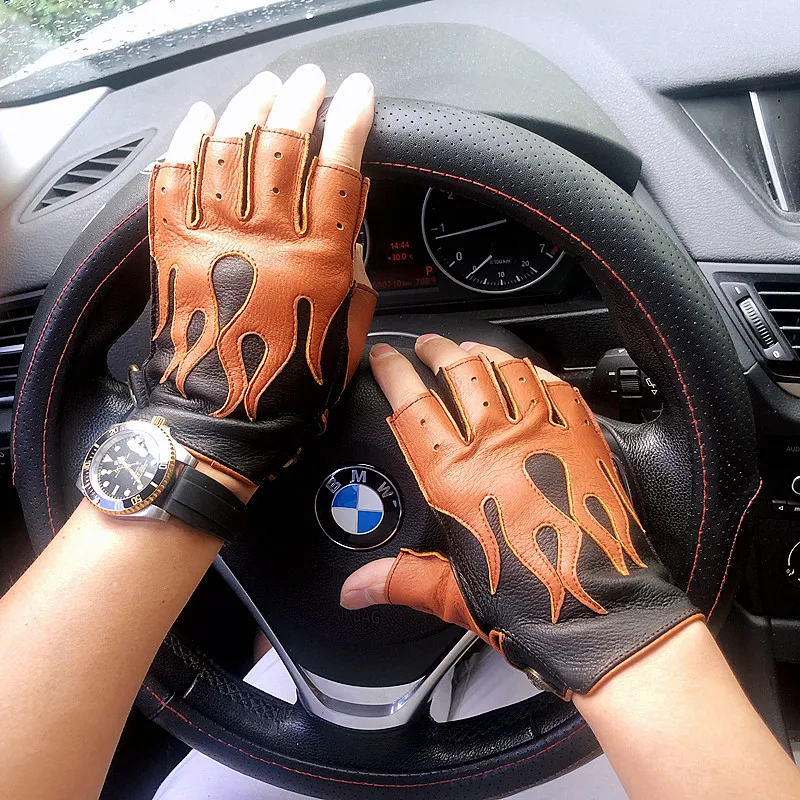 Men's Deerskin Gloves 2026 Spring NEW Locomotive Cycling Retro Thin Mittens Male Half Finger Color Blocking Flame Leather Luvas
