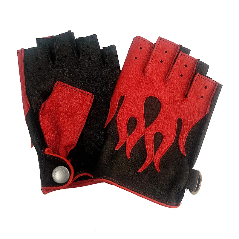 Men's Deerskin Gloves 2026 Spring NEW Locomotive Cycling Retro Thin Mittens Male Half Finger Color Blocking Flame Leather Luvas