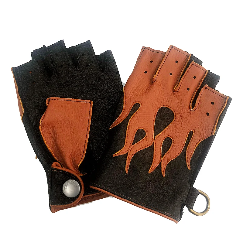 Men's Deerskin Gloves 2026 Spring NEW Locomotive Cycling Retro Thin Mittens Male Half Finger Color Blocking Flame Leather Luvas