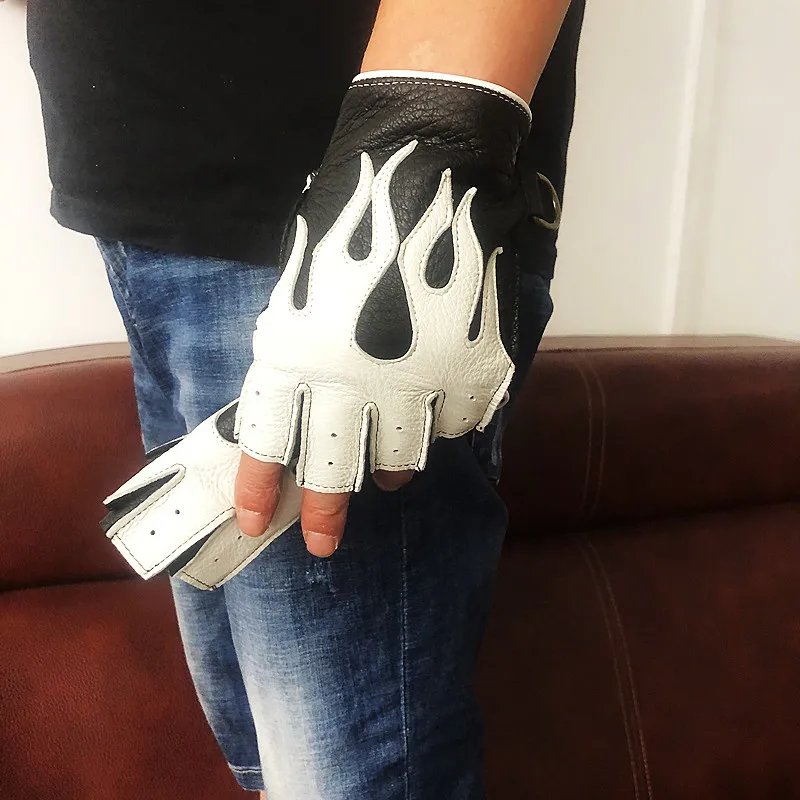 Men's Deerskin Gloves 2026 Spring NEW Locomotive Cycling Retro Thin Mittens Male Half Finger Color Blocking Flame Leather Luvas