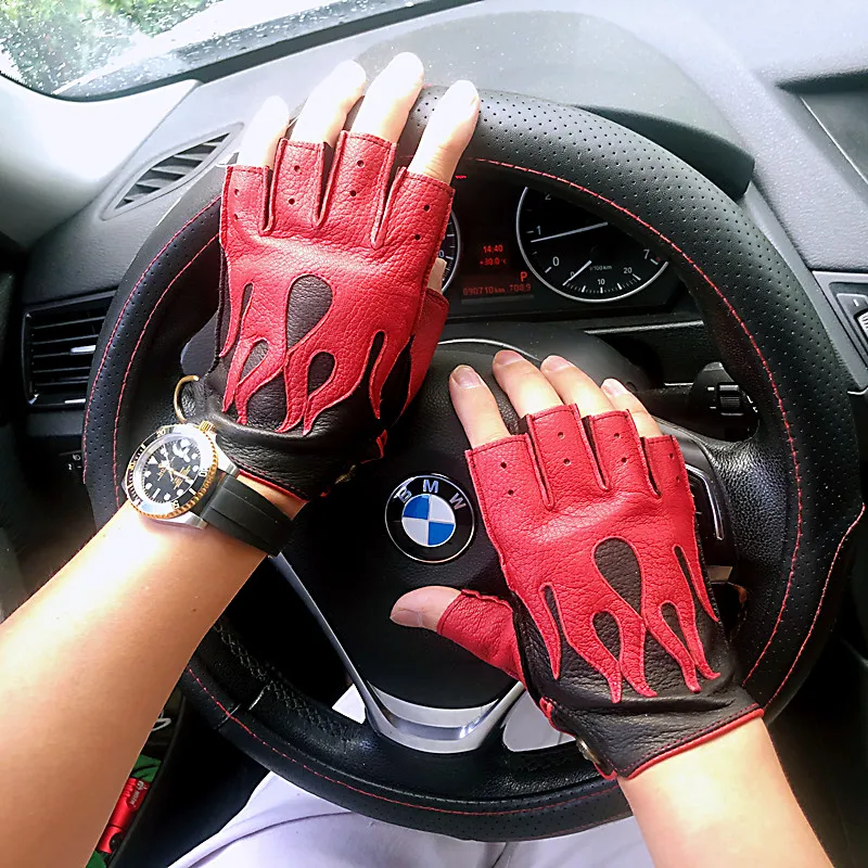 Men's Deerskin Gloves 2026 Spring NEW Locomotive Cycling Retro Thin Mittens Male Half Finger Color Blocking Flame Leather Luvas