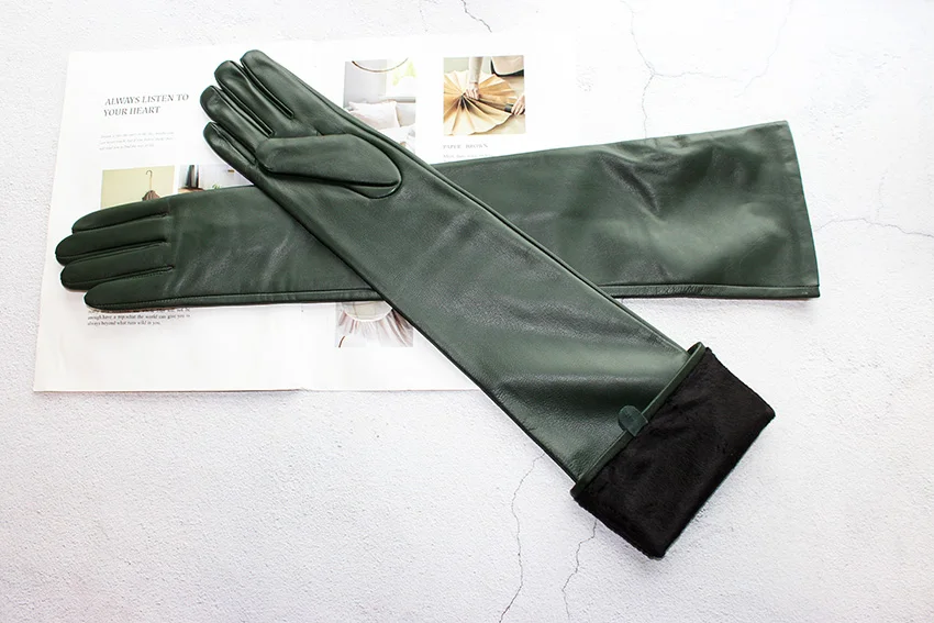New Women's Super Long Leather Gloves Over Elbow Fashion Black Imported Sheepskin High Quality Mink Leather Touch Screen Gloves