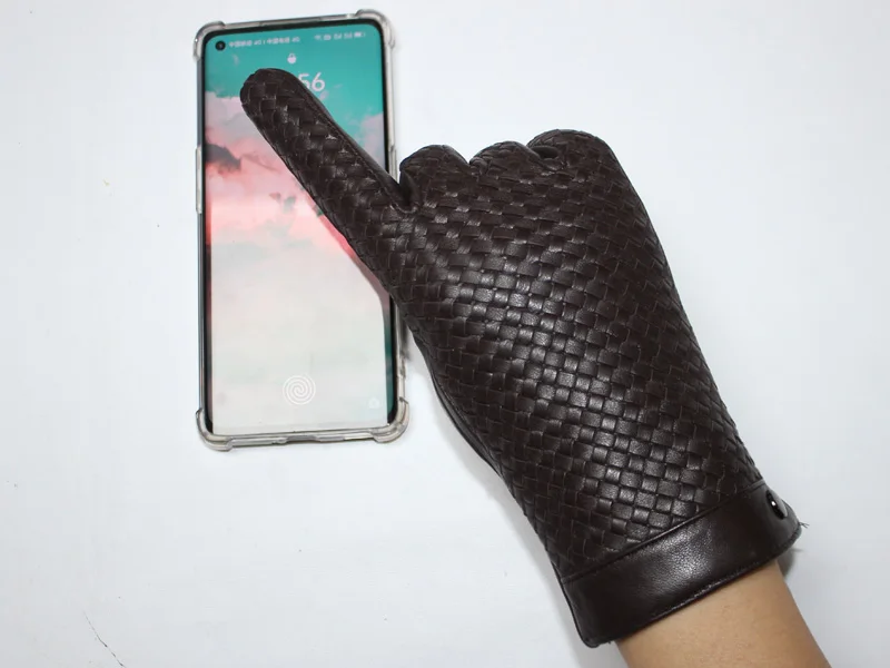 New Women's Sheepskin Gloves Touch Screen Leather Fashion Sheepskin Woven Warm Wool Knitted Lining Driving Gloves High End