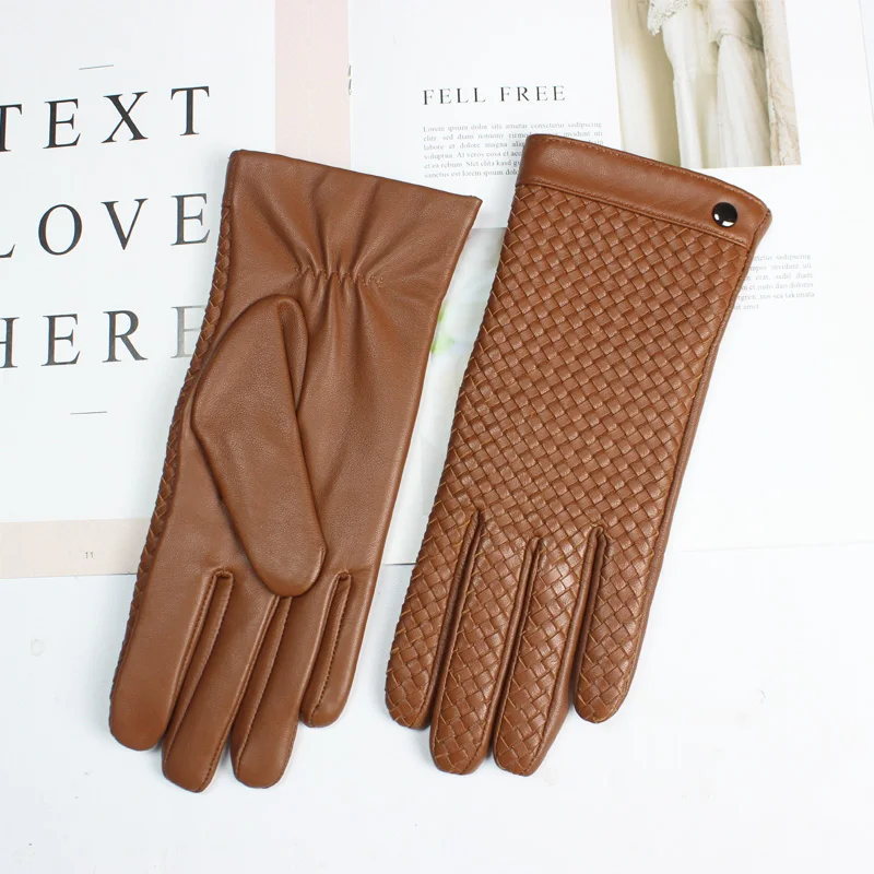 New Women's Sheepskin Gloves Touch Screen Leather Fashion Sheepskin Woven Warm Wool Knitted Lining Driving Gloves High End
