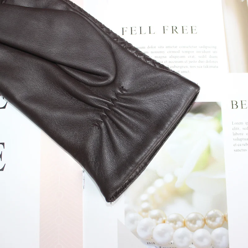 New Women's Sheepskin Gloves Touch Screen Leather Fashion Sheepskin Woven Warm Wool Knitted Lining Driving Gloves High End