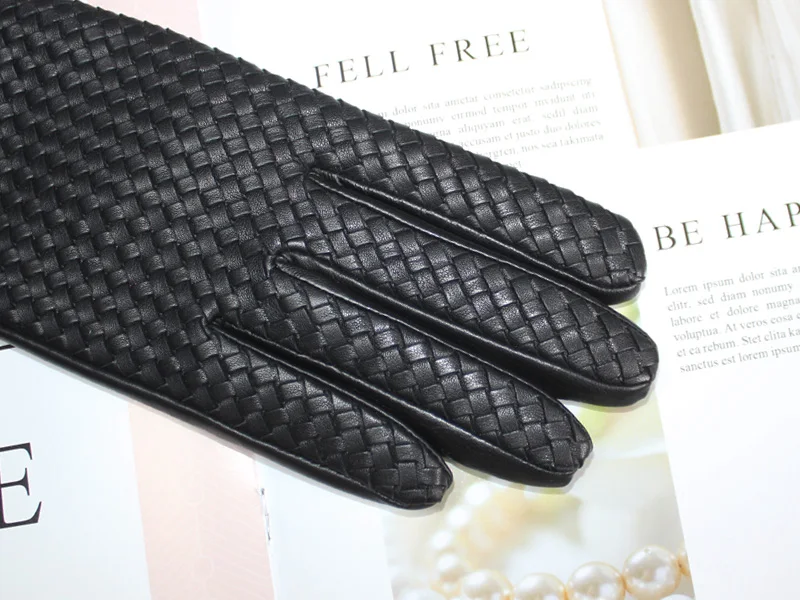 New Women's Sheepskin Gloves Touch Screen Leather Fashion Sheepskin Woven Warm Wool Knitted Lining Driving Gloves High End