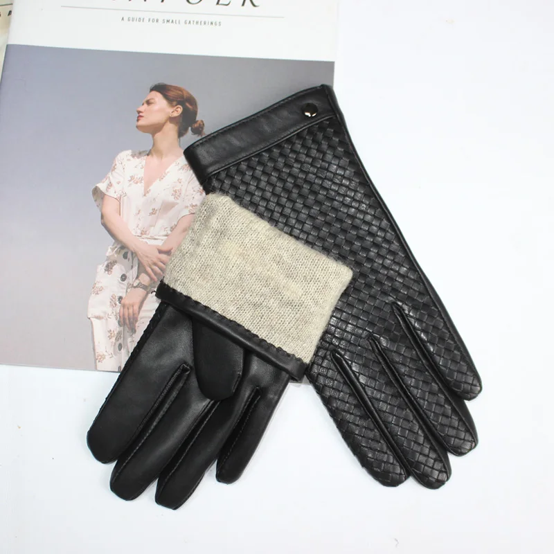 New Women's Sheepskin Gloves Touch Screen Leather Fashion Sheepskin Woven Warm Wool Knitted Lining Driving Gloves High End
