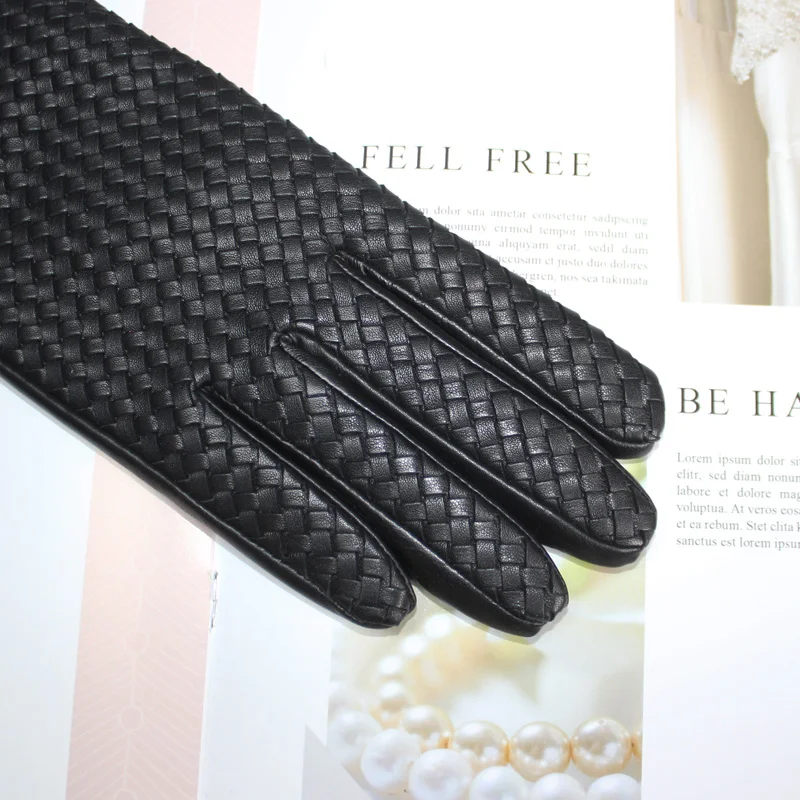 New Women's Sheepskin Gloves Touch Screen Leather Fashion Sheepskin Woven Warm Wool Knitted Lining Driving Gloves High End