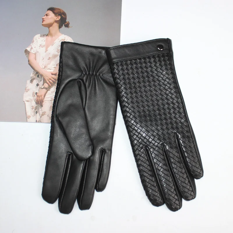 New Women's Sheepskin Gloves Touch Screen Leather Fashion Sheepskin Woven Warm Wool Knitted Lining Driving Gloves High End