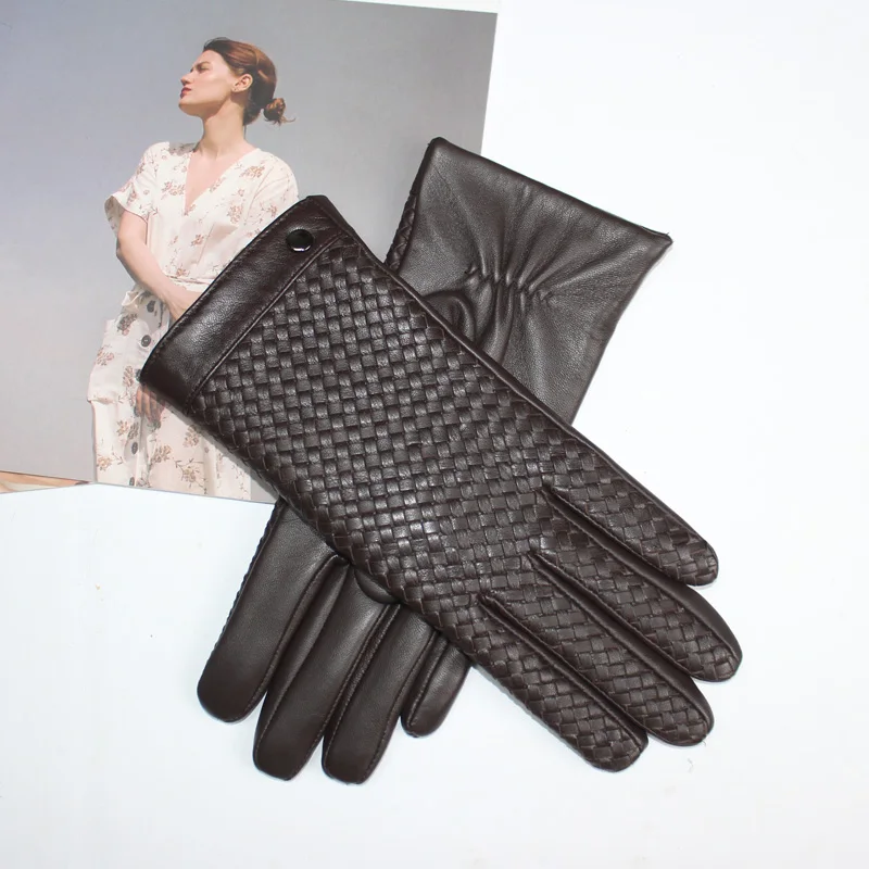 New Women's Sheepskin Gloves Touch Screen Leather Fashion Sheepskin Woven Warm Wool Knitted Lining Driving Gloves High End