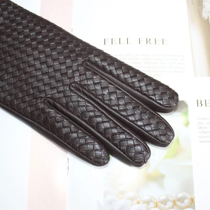 New Women's Sheepskin Gloves Touch Screen Leather Fashion Sheepskin Woven Warm Wool Knitted Lining Driving Gloves High End
