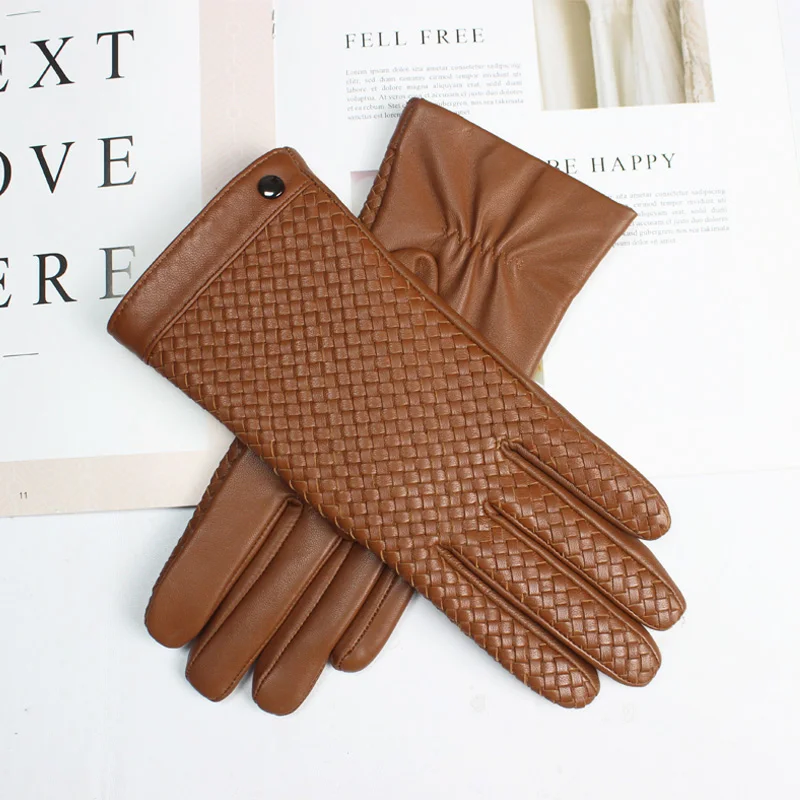 New Women's Sheepskin Gloves Touch Screen Leather Fashion Sheepskin Woven Warm Wool Knitted Lining Driving Gloves High End