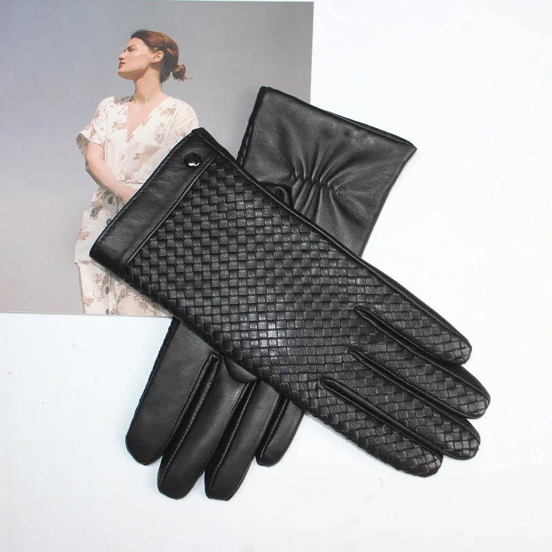 New Women's Sheepskin Gloves Touch Screen Leather Fashion Sheepskin Woven Warm Wool Knitted Lining Driving Gloves High End