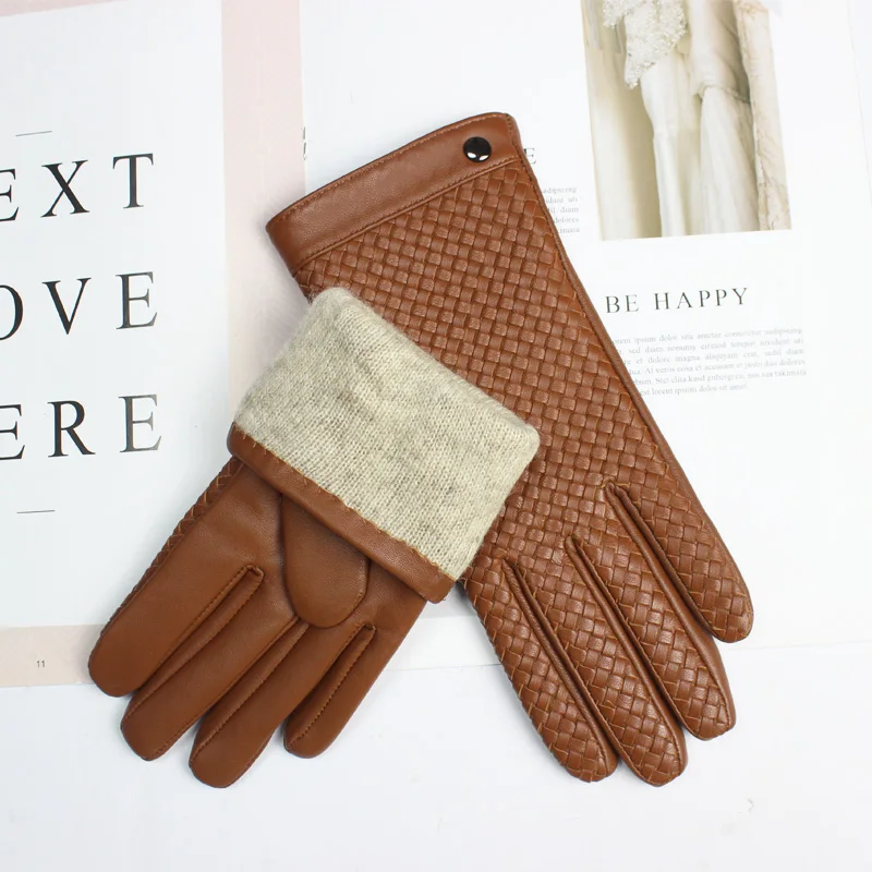 New Women's Sheepskin Gloves Touch Screen Leather Fashion Sheepskin Woven Warm Wool Knitted Lining Driving Gloves High End