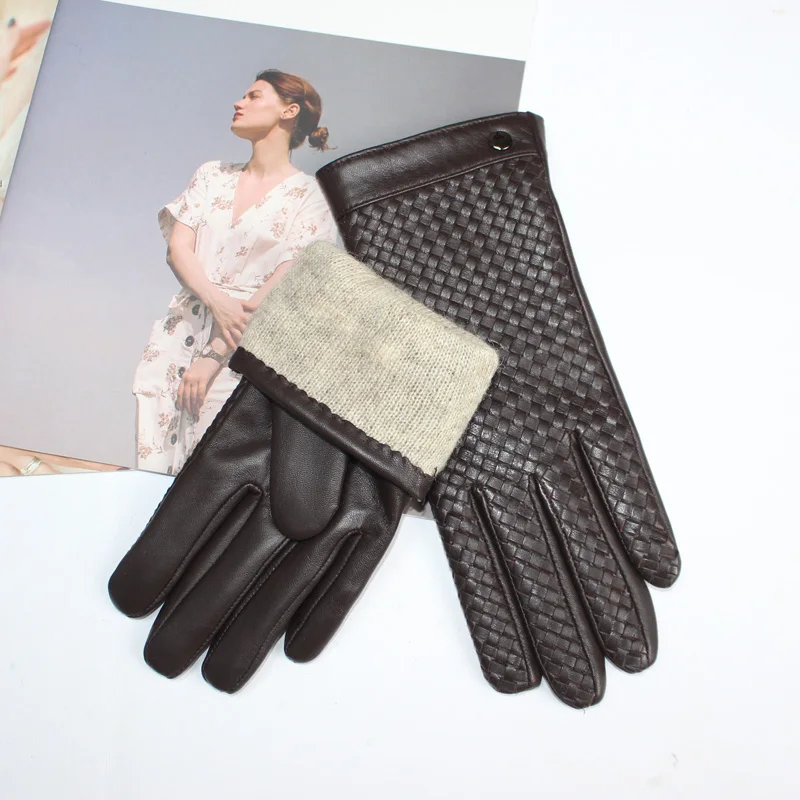 New Women's Sheepskin Gloves Touch Screen Leather Fashion Sheepskin Woven Warm Wool Knitted Lining Driving Gloves High End