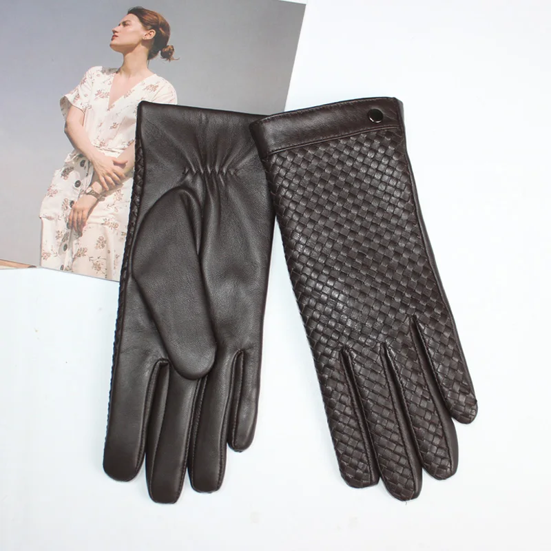 New Women's Sheepskin Gloves Touch Screen Leather Fashion Sheepskin Woven Warm Wool Knitted Lining Driving Gloves High End